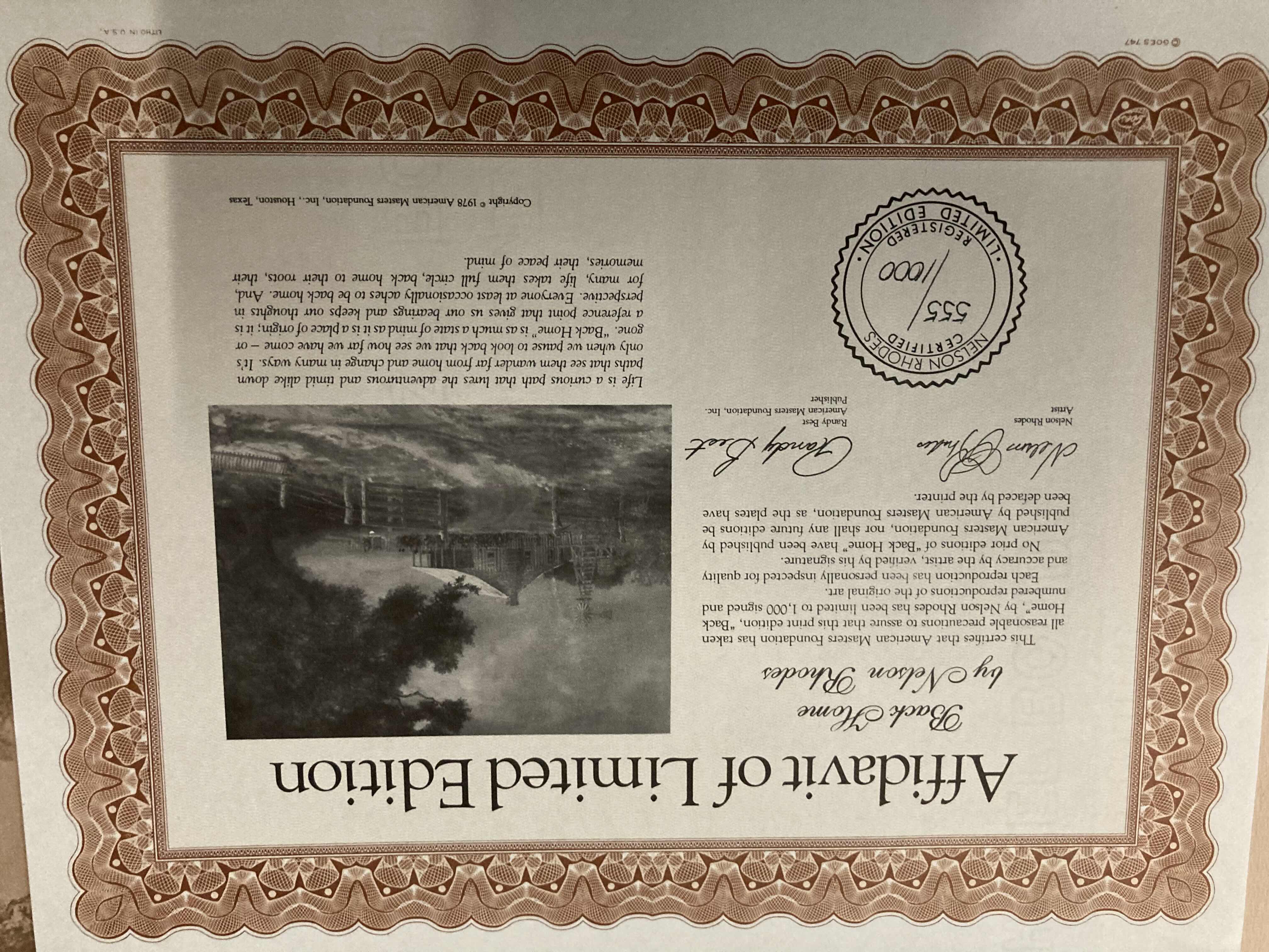 Photo 1 of BACK HOME FRAMED ARTWORK SIGNED BY NELSON RHODES W AFFIDAVIT OF LIMITED EDITION 555/1000 31.5” X 26.5”