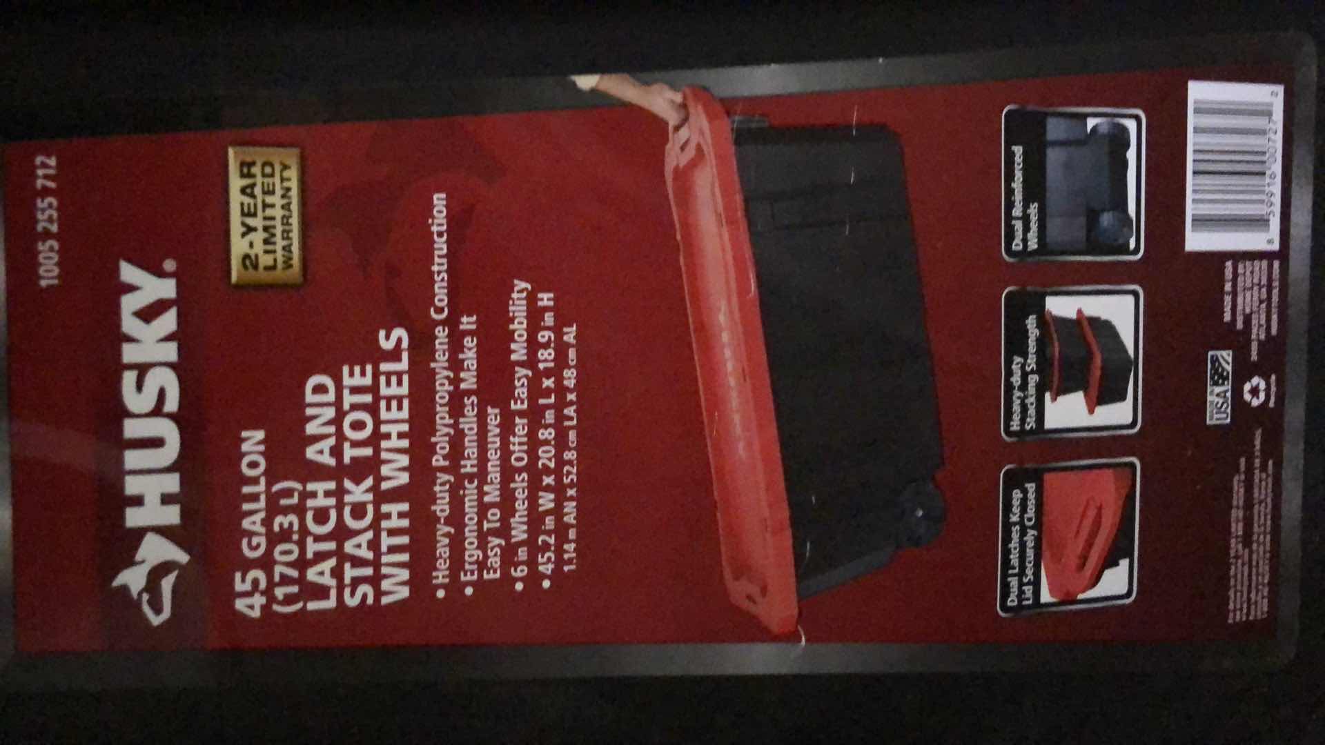 Photo 1 of HUSKY 45GAL LATCH AND STACK TOTE WITH WHEELS