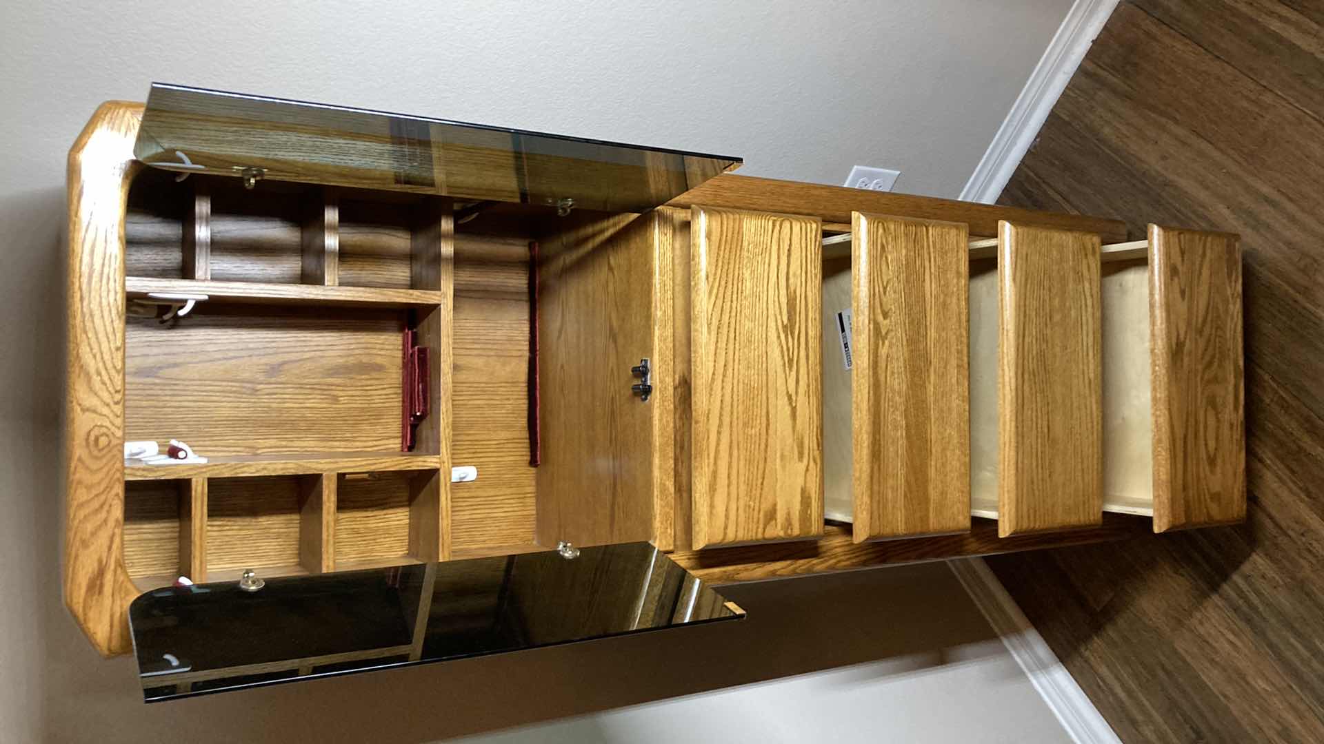 Photo 1 of ARBEK MID-CENTURY OAK SWIVEL JEWELRY CABINET W FULL BODY MIRROR,TINTED GLASS DOORS & 4 DRAWERS 24” X 17.5” H72”