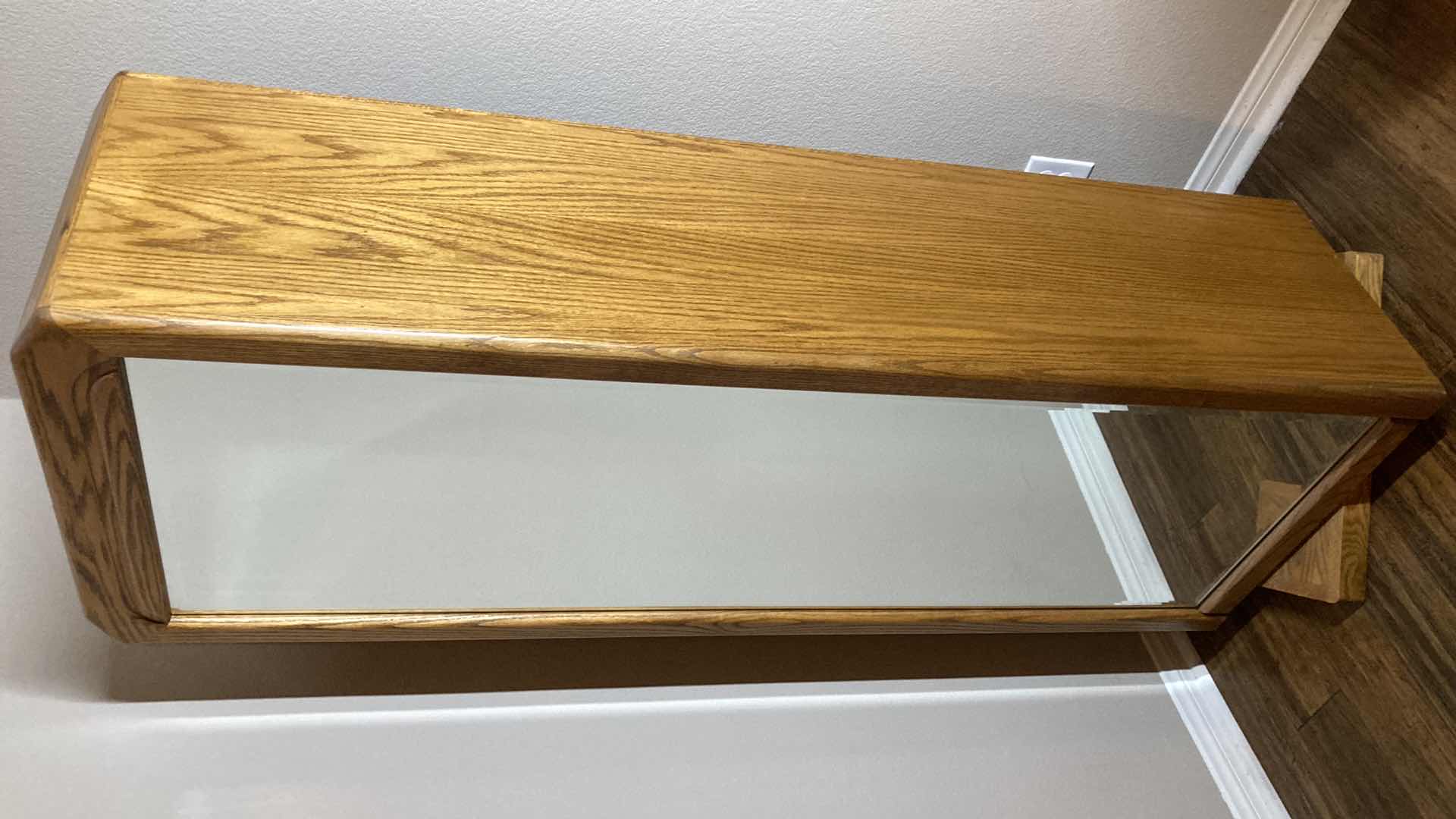 Photo 1 of ARBEK MID-CENTURY OAK SWIVEL JEWELRY CABINET W FULL BODY MIRROR,TINTED GLASS DOORS & 4 DRAWERS 24” X 17.5” H72”