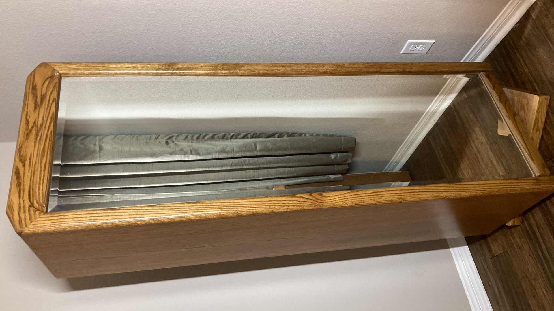 Photo 1 of ARBEK MID-CENTURY OAK SWIVEL JEWELRY CABINET W FULL BODY MIRROR,TINTED GLASS DOORS & 4 DRAWERS 24” X 17.5” H72”