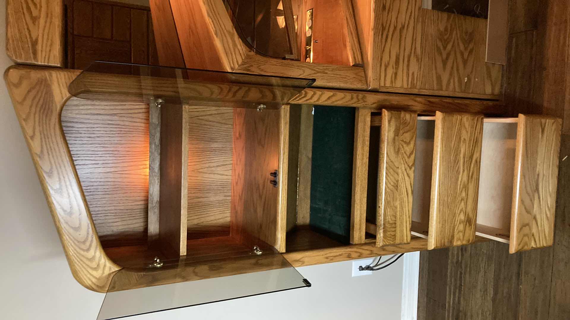 Photo 3 of ARBEK MID-CENTURY OAK MULTI COMPARTMENT HEADBOARD W VANITY MIRRORS,GLASS DOOR CABINETS & DRAWERS 129” X 17” H72”