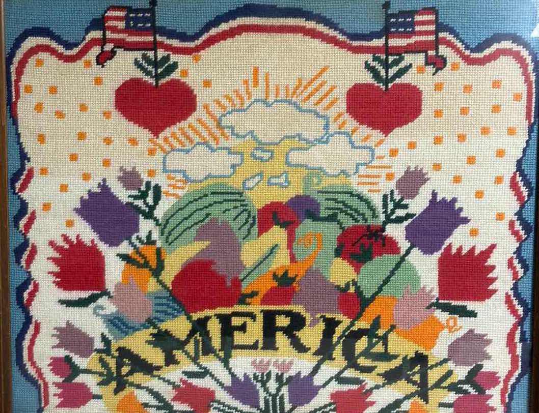 Photo 1 of AMERICAN FRUIT & FLORAL EMBROIDERY CROSS STITCH FRAMED ARTWORK BY LOCAL ARTIST 19.25” X 16.75”