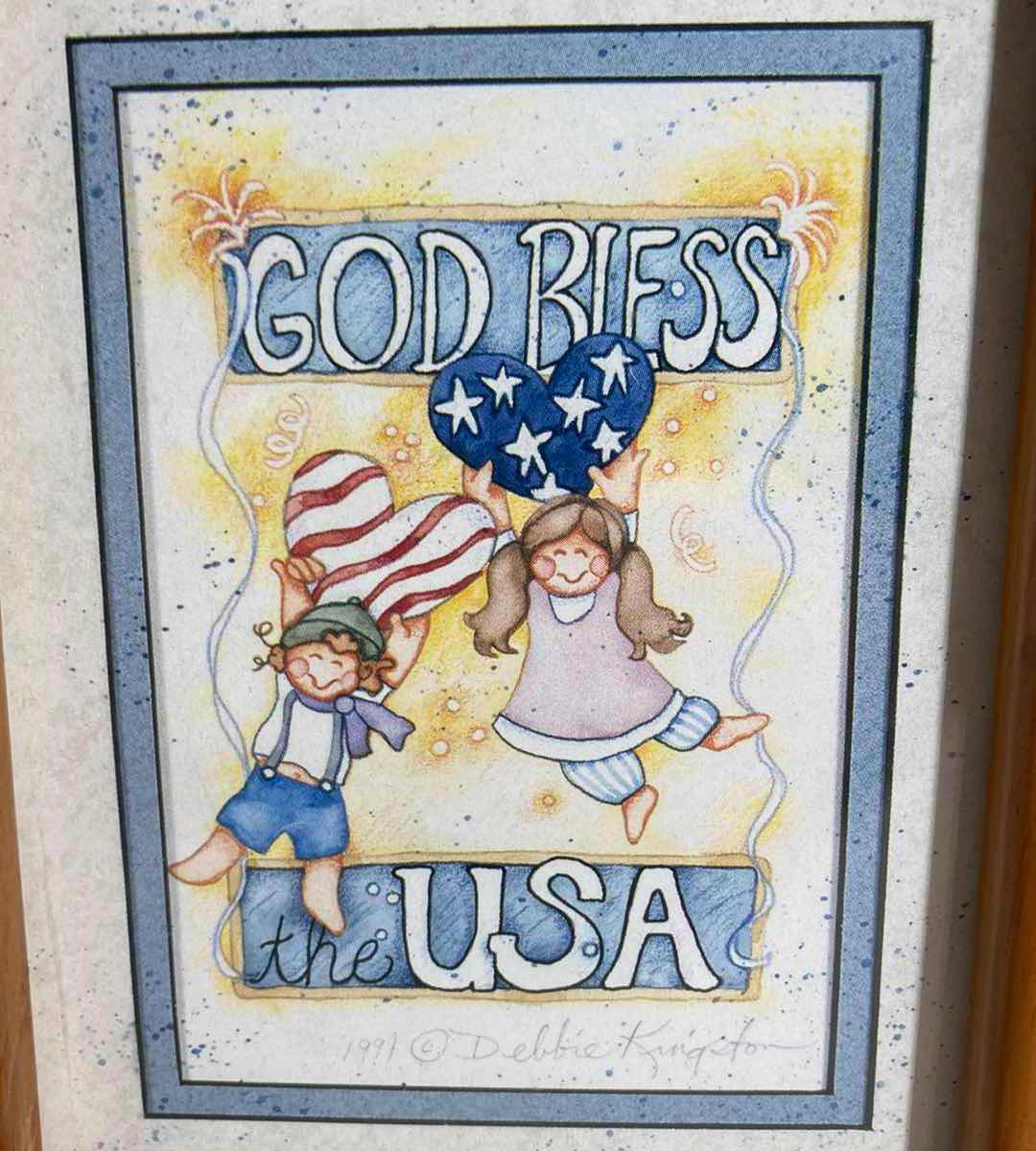 Photo 1 of GOD BLESS AMERICA FRAMED ARTWORK BY DEBBIE KINGSTON 1991 5.25” X 7.25”