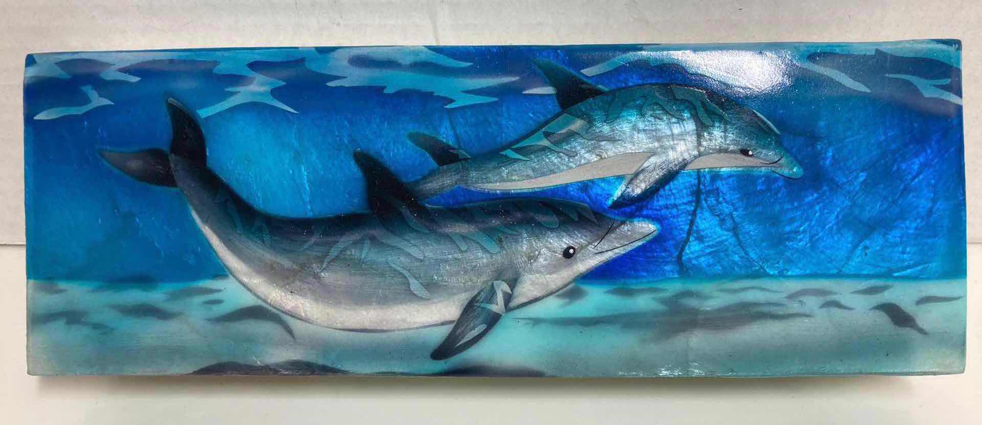 Photo 1 of CAPIZ SHELL WINDOWPANE OYSTER DOLPHIN PAINTED HANDCRAFTED TRINKET BOX FROM THE PHILIPPINES 9” X 3.25” H1.5”