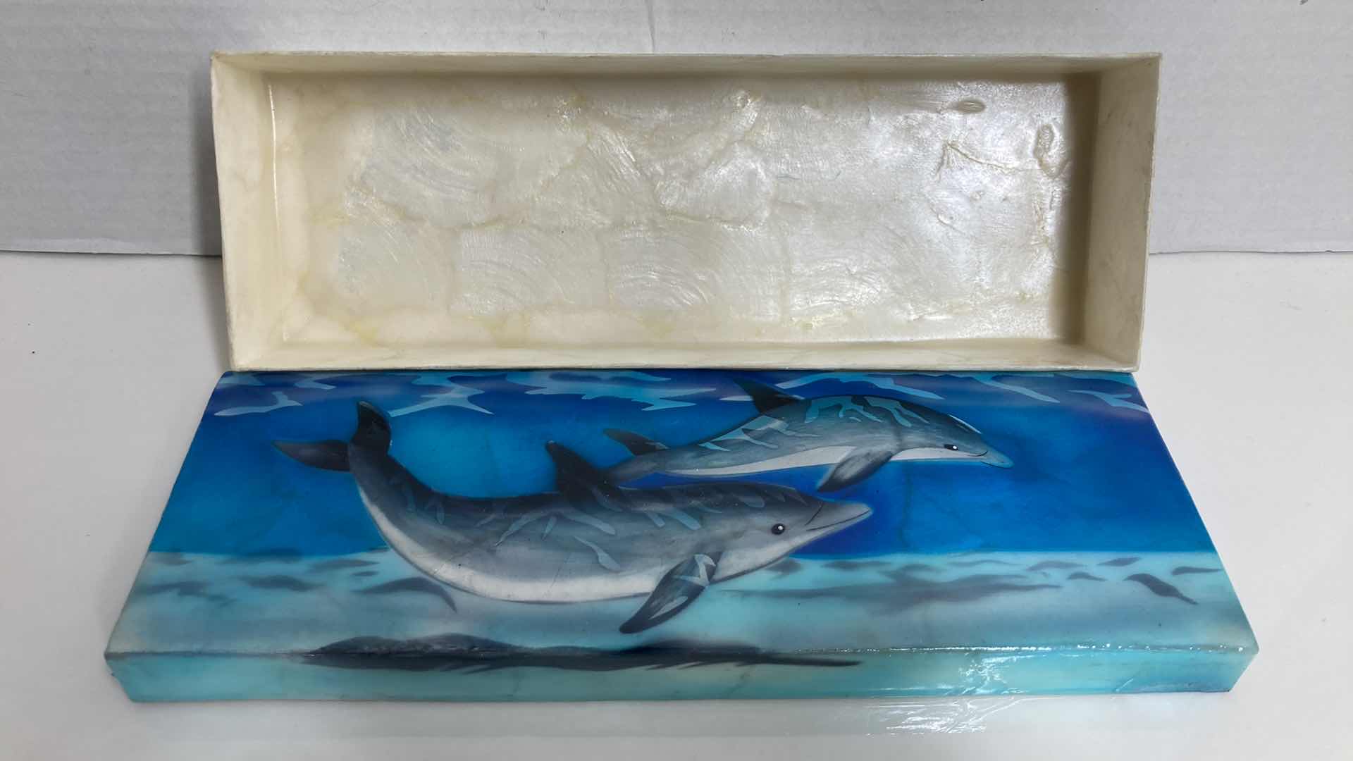 Photo 1 of CAPIZ SHELL WINDOWPANE OYSTER DOLPHIN PAINTED HANDCRAFTED TRINKET BOX FROM THE PHILIPPINES 9” X 3.25” H1.5”