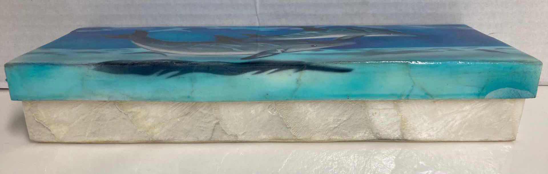 Photo 1 of CAPIZ SHELL WINDOWPANE OYSTER DOLPHIN PAINTED HANDCRAFTED TRINKET BOX FROM THE PHILIPPINES 9” X 3.25” H1.5”