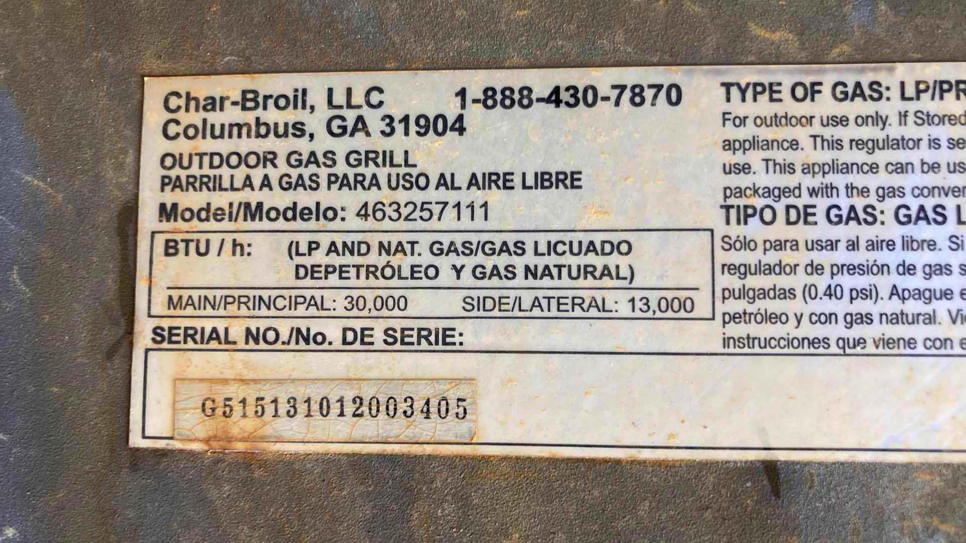 Photo 7 of CHARBROIL COMMERCIAL INFRARED PROPANE GRILL MODEL 463257111 W PROPANE TANK (PARTIALLY FULL)