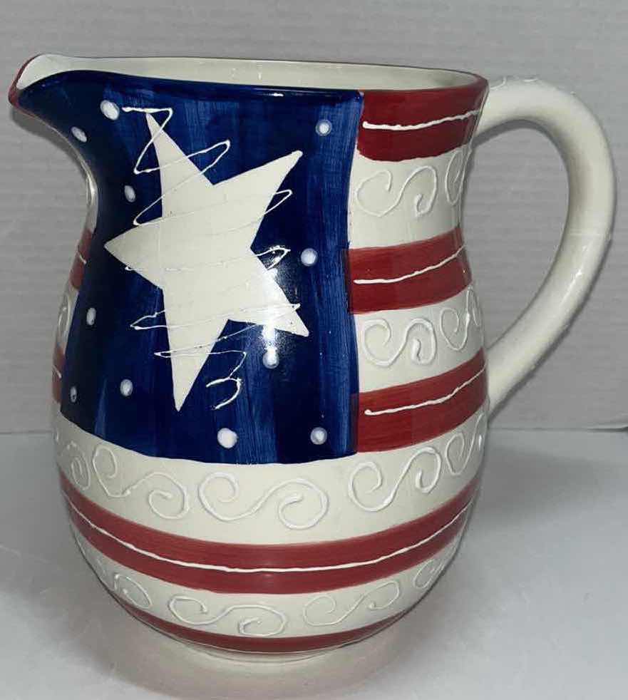 Photo 1 of CERAMIC AMERICAN COLONIAL SHOP 6” X 8” HOT PLATE W EASEL & 8” FLAG PITCHER