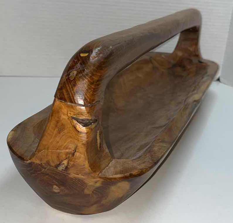 Photo 2 of HAND CARVED TEAK WOOD BASKET W HANDLE 6” X 23” H6.5”