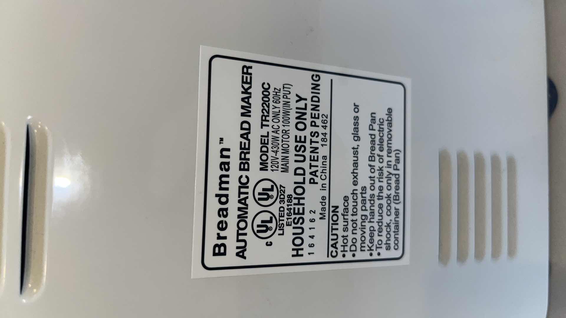 Photo 1 of BREADMAN AUTOMATIC BREAD MAKER, MODEL TR2200C