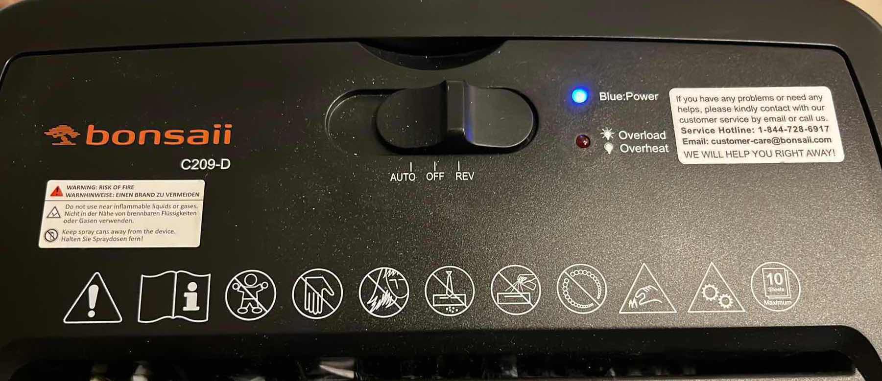 Photo 1 of BONSAII PAPER SHREDDER, 10-SHEET CROSS CUT SHREDDER W INSTRUCTION MANUAL & 5 LUBRICANT SHEETS, MODEL C209-D