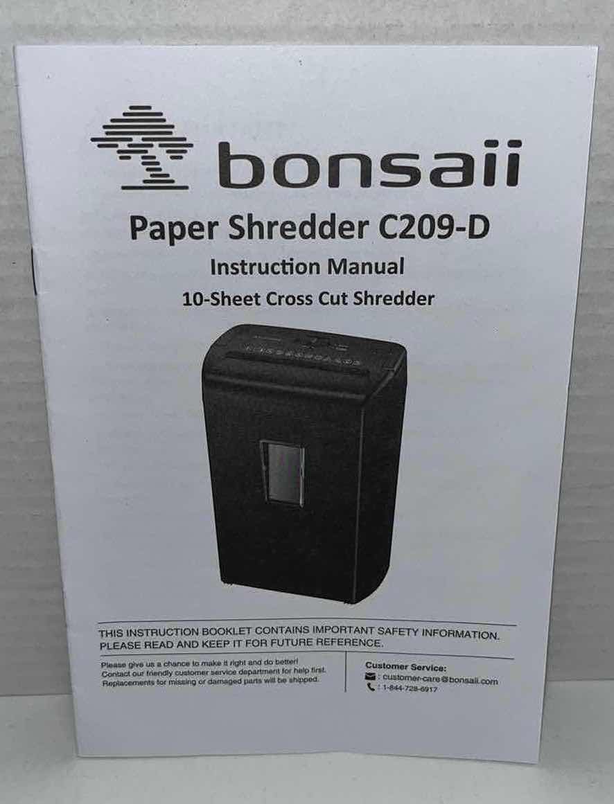 Photo 1 of BONSAII PAPER SHREDDER, 10-SHEET CROSS CUT SHREDDER W INSTRUCTION MANUAL & 5 LUBRICANT SHEETS, MODEL C209-D