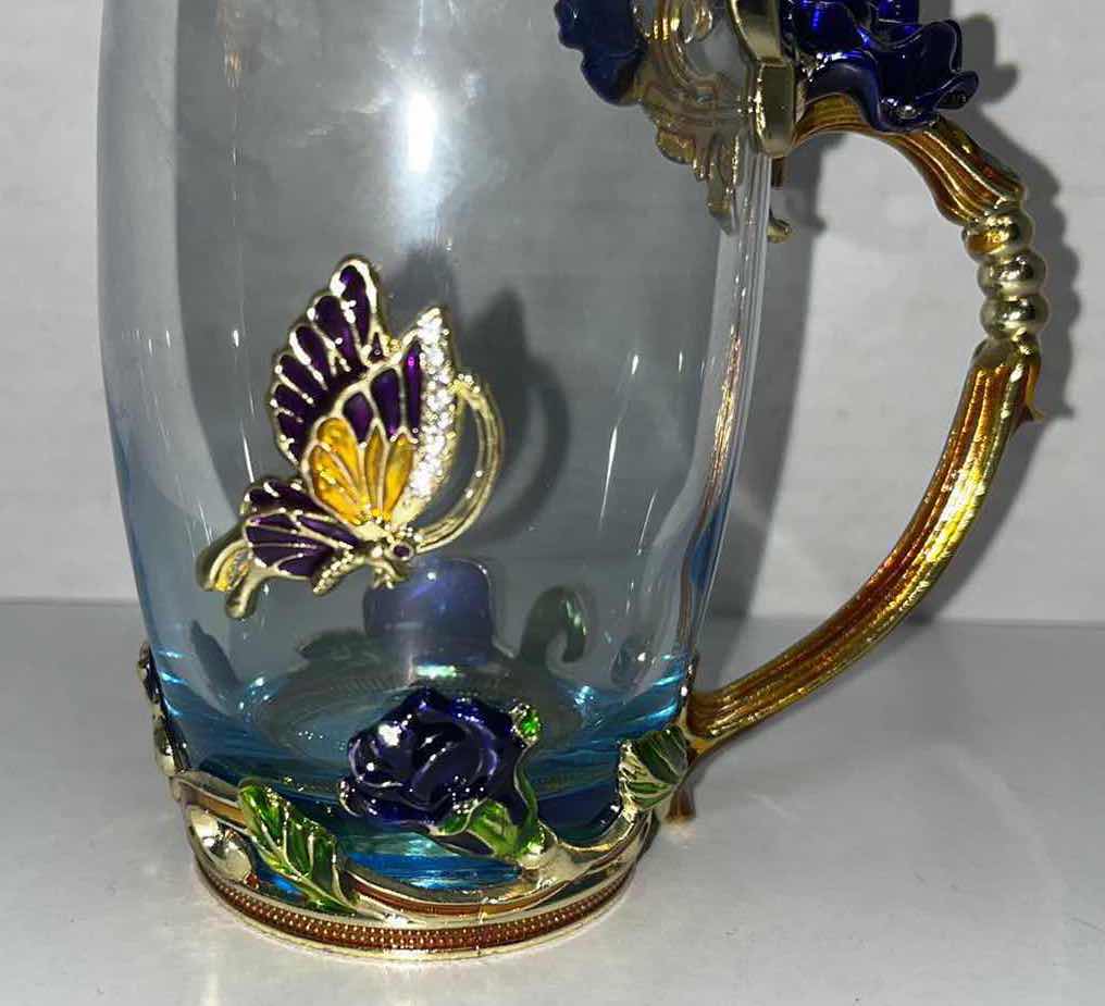 Photo 1 of BLUE ROSE ENAMEL COLOR CRYSTAL GLASS CUP W JEWELED BUTTERFLY H5” & TEASPOON