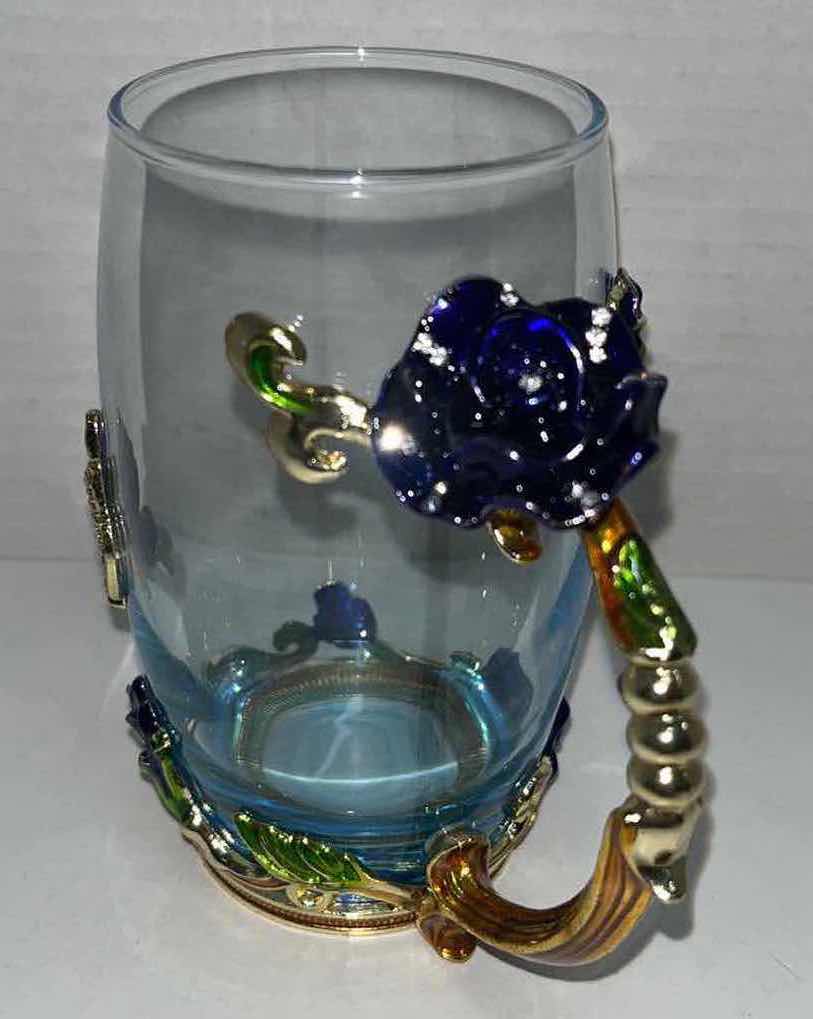Photo 1 of BLUE ROSE ENAMEL COLOR CRYSTAL GLASS CUP W JEWELED BUTTERFLY H5” & TEASPOON
