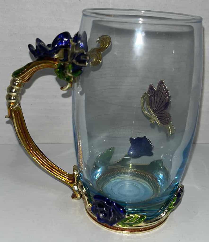Photo 1 of BLUE ROSE ENAMEL COLOR CRYSTAL GLASS CUP W JEWELED BUTTERFLY H5” & TEASPOON