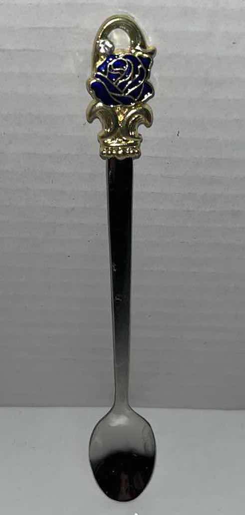 Photo 1 of BLUE ROSE ENAMEL COLOR CRYSTAL GLASS CUP W JEWELED BUTTERFLY H5” & TEASPOON