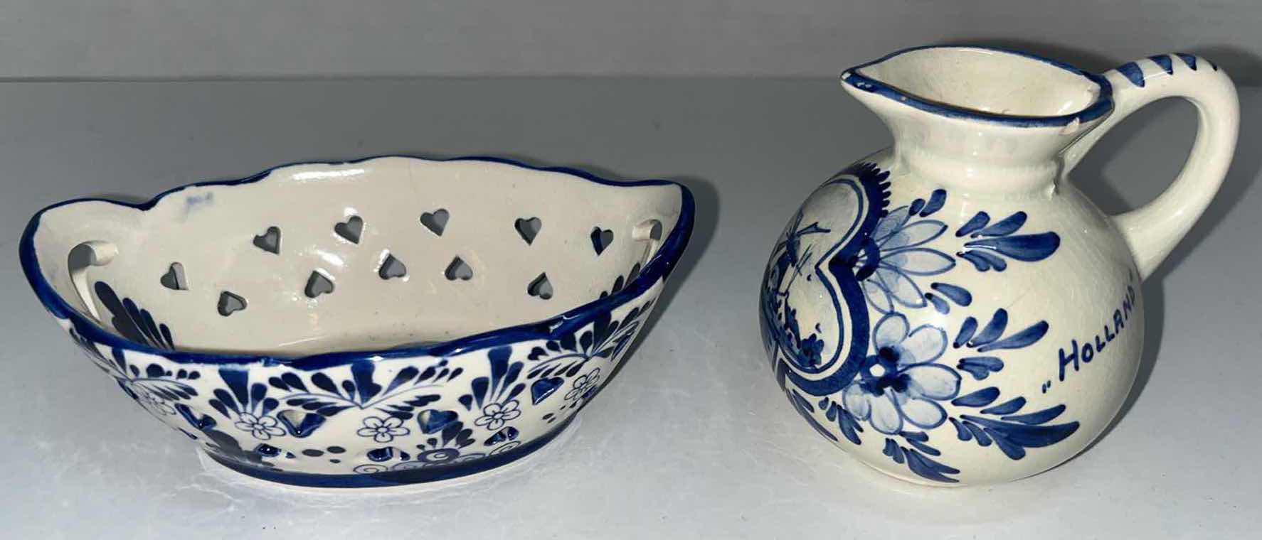 Photo 1 of DELFT HOLLAND HAND PAINTED SMALL PORCELAIN TRINKET BOWL 3.5” X 5” & H3.25” PITCHER (2)
