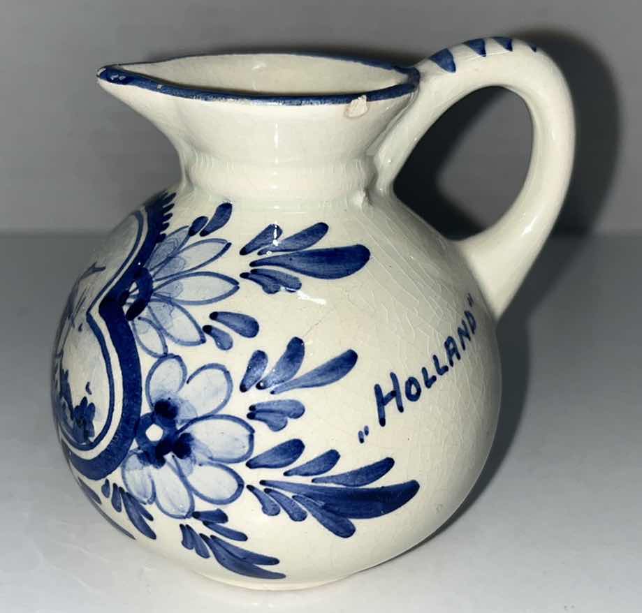Photo 1 of DELFT HOLLAND HAND PAINTED SMALL PORCELAIN TRINKET BOWL 3.5” X 5” & H3.25” PITCHER (2)