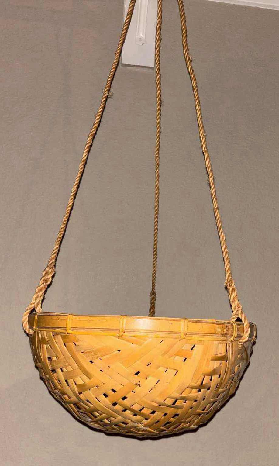 Photo 1 of 14”D HANGING BASKET, WOVEN BASKET W HANDLE & GOLD WICKER BASKET