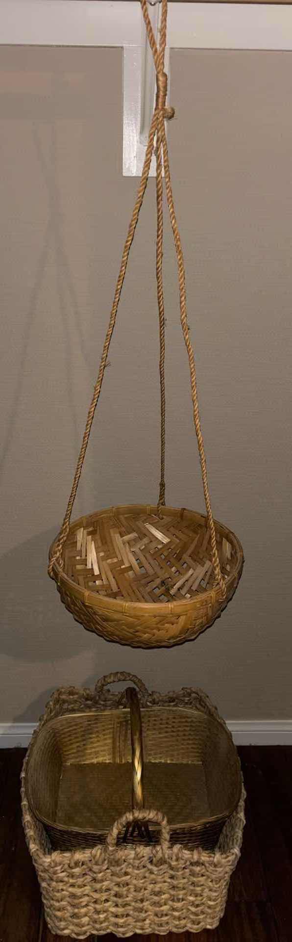 Photo 1 of 14”D HANGING BASKET, WOVEN BASKET W HANDLE & GOLD WICKER BASKET