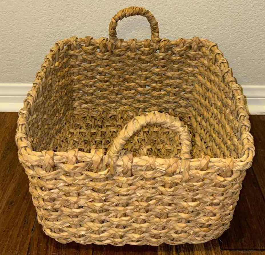 Photo 1 of 14”D HANGING BASKET, WOVEN BASKET W HANDLE & GOLD WICKER BASKET