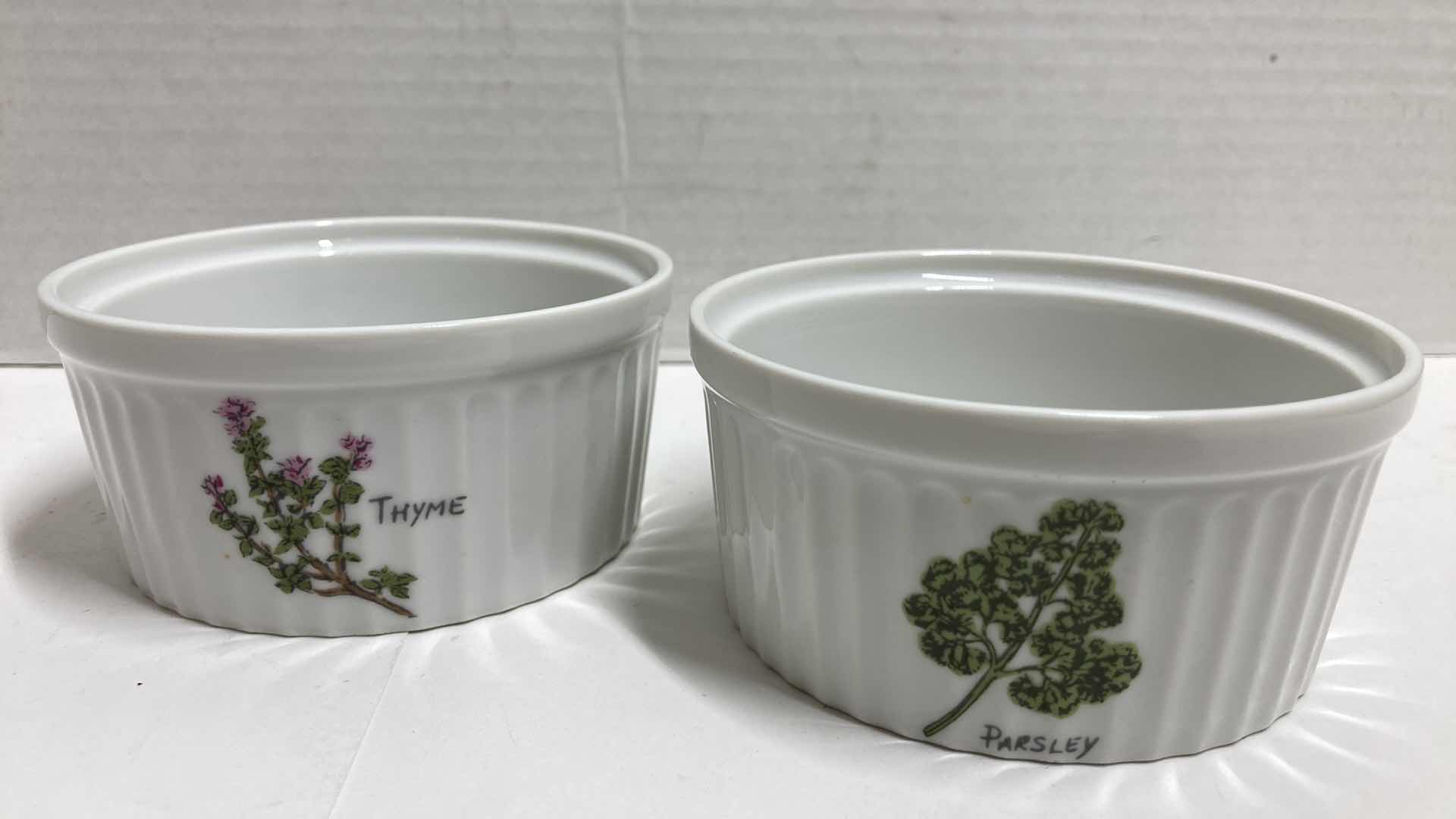 Photo 1 of CROWN EMPIRE HERB THEMED MINI PORCELAIN CASSEROLE DISHES (2) 4” X 2”
