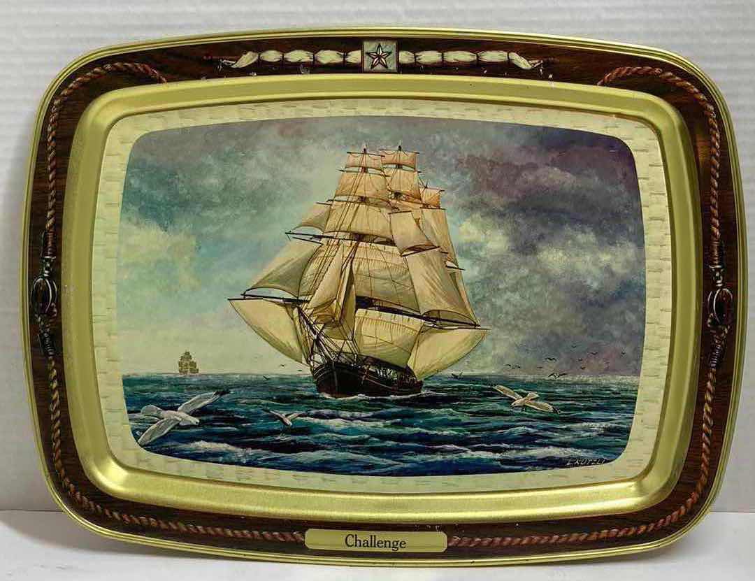 View 1 of CHALLENGE SHIP AT SEA TIN TRAY BY L.KUTZLI 14.5” X 11”