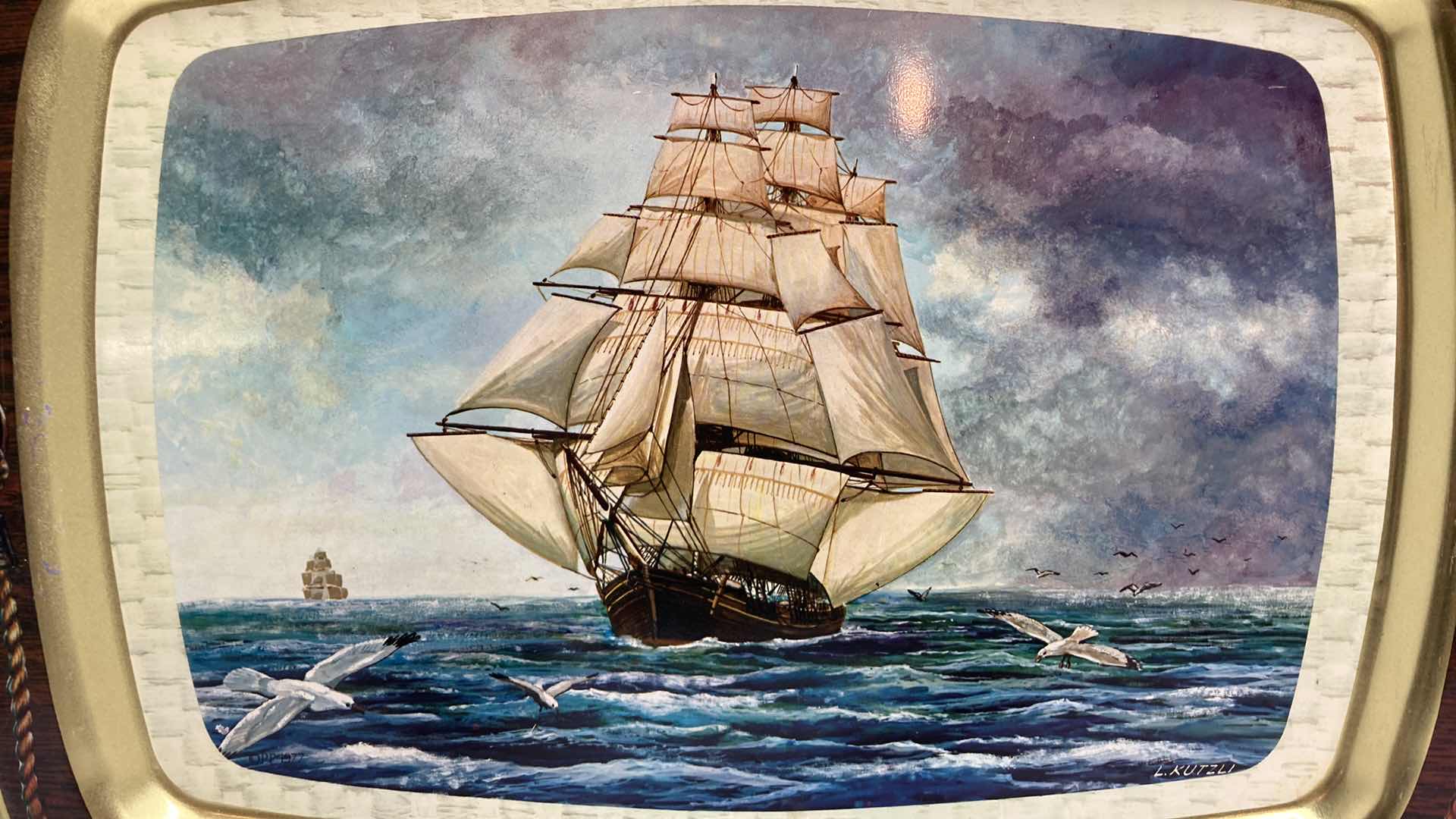 View 2 of CHALLENGE SHIP AT SEA TIN TRAY BY L.KUTZLI 14.5” X 11”