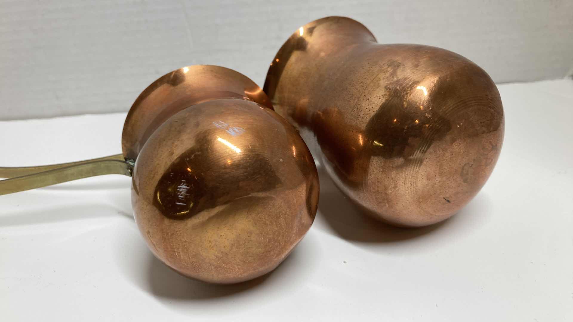 Photo 1 of EARLY-CENTURY WHISKY & RUM COPPER & BRASS LADDEL SET (2) 3” X 16”