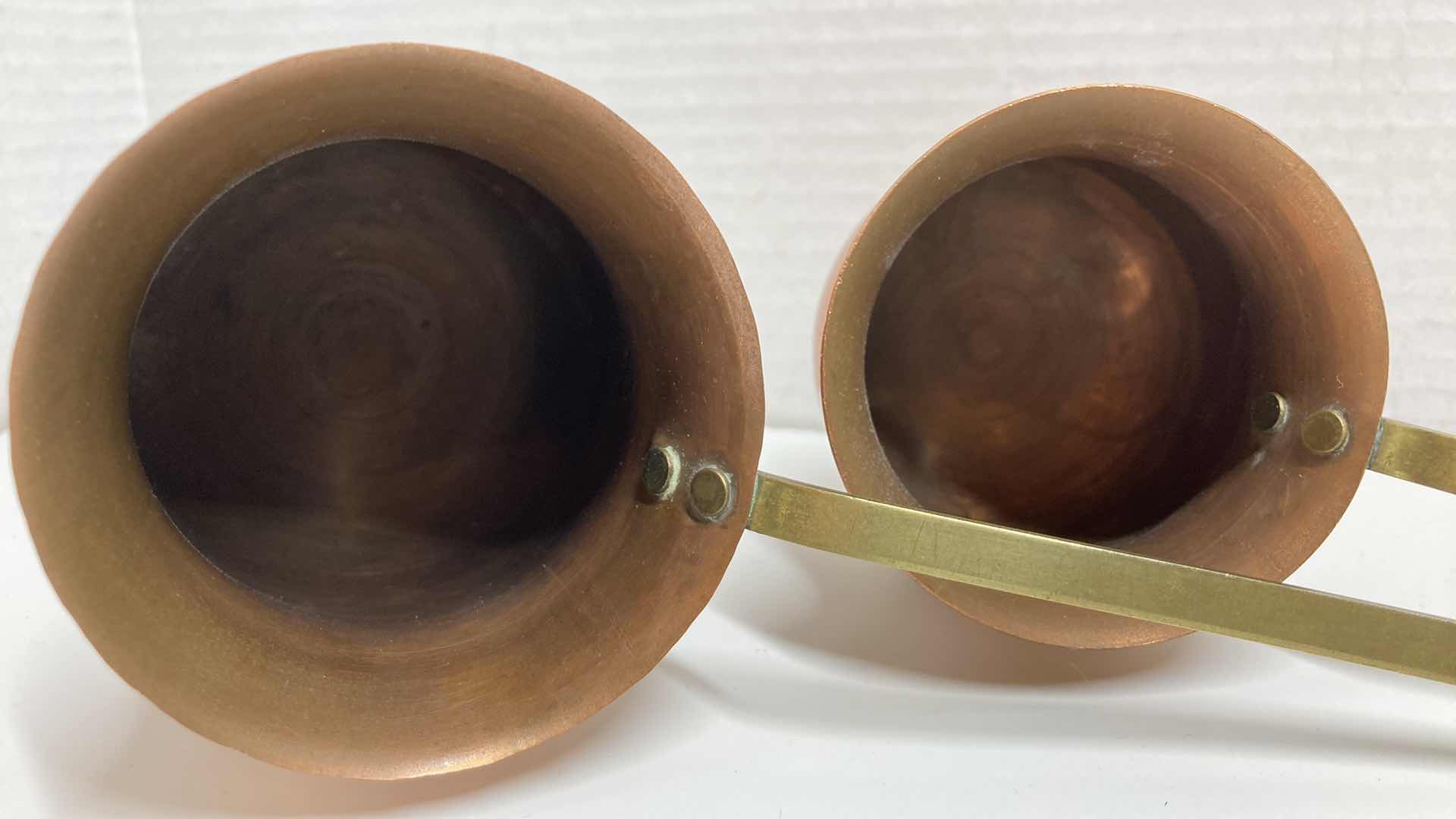 Photo 1 of EARLY-CENTURY WHISKY & RUM COPPER & BRASS LADDEL SET (2) 3” X 16”