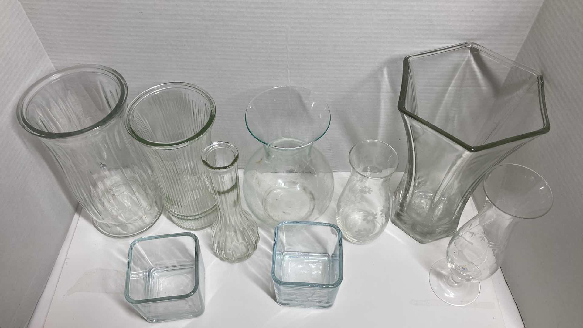 Photo 1 of CLEAR GLASS VASES- VARIOUS STYLES (9)