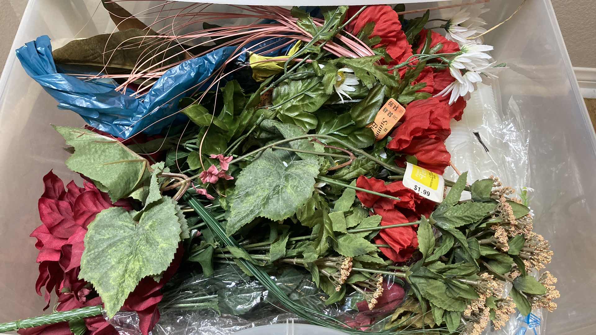 Photo 1 of 3 DRAWER PLASTIC TOTE W FAUX FLORAL DECOR & FABRIC 21.5” X 15” 24.5”