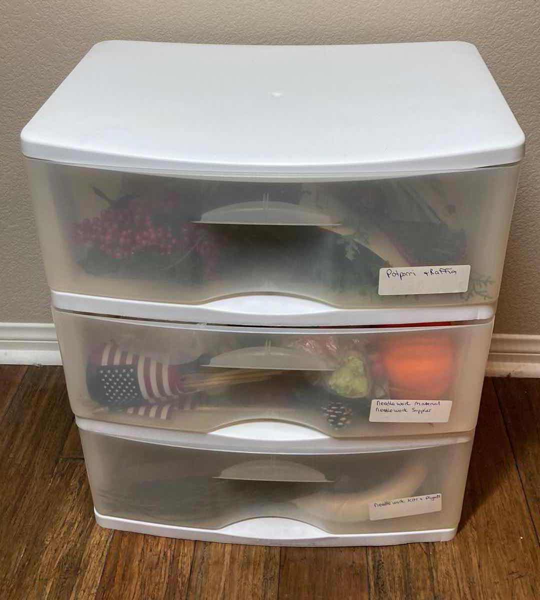 View 1 of 3 DRAWER PLASTIC TOTE W FAUX FLORAL & PLANTER DECOR 21.5” X 15” 24.5”