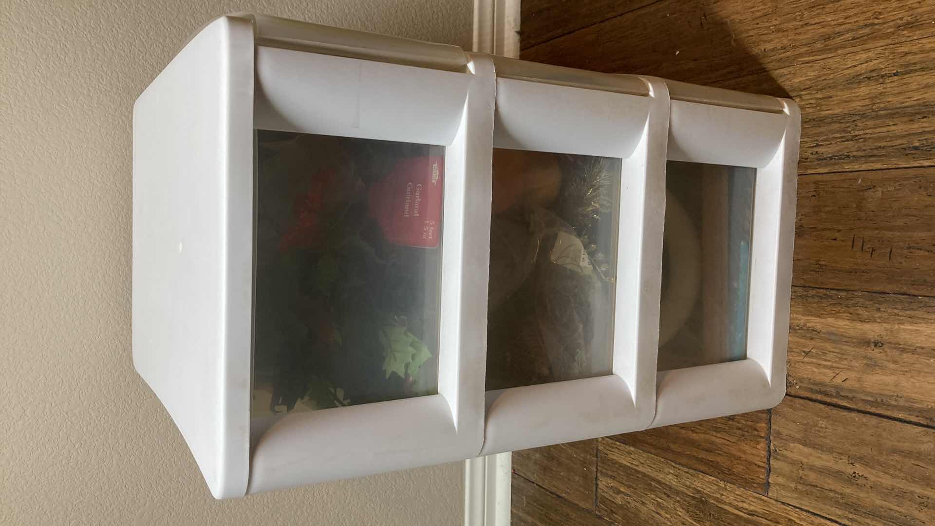 View 3 of 3 DRAWER PLASTIC TOTE W FAUX FLORAL & PLANTER DECOR 21.5” X 15” 24.5”