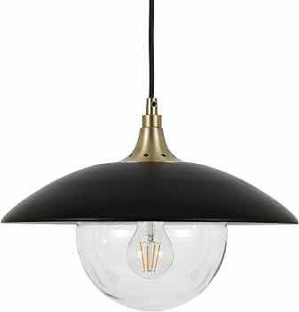 Photo 1 of NEW ALVIA WIDE MATTE BLACK METAL/ BRASS FINISH SHADE & GLASS PENDANT LIGHT MODEL PD0076