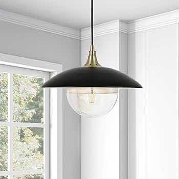 Photo 1 of NEW ALVIA WIDE MATTE BLACK METAL/ BRASS FINISH SHADE & GLASS PENDANT LIGHT MODEL PD0076
