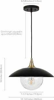 Photo 1 of NEW ALVIA WIDE MATTE BLACK METAL/ BRASS FINISH SHADE & GLASS PENDANT LIGHT MODEL PD0076