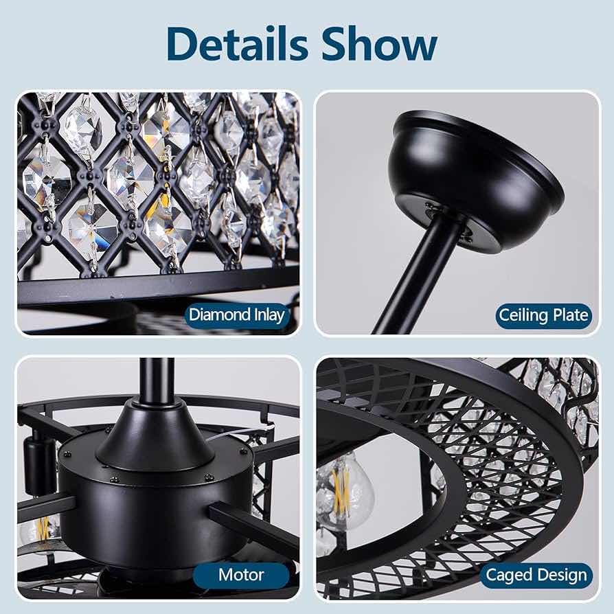 Photo 1 of NEW DANNILONG BLACK FINISH CRYSTAL CAGED CHANDELIER CEILING FAN LIGHT MODEL 6629M