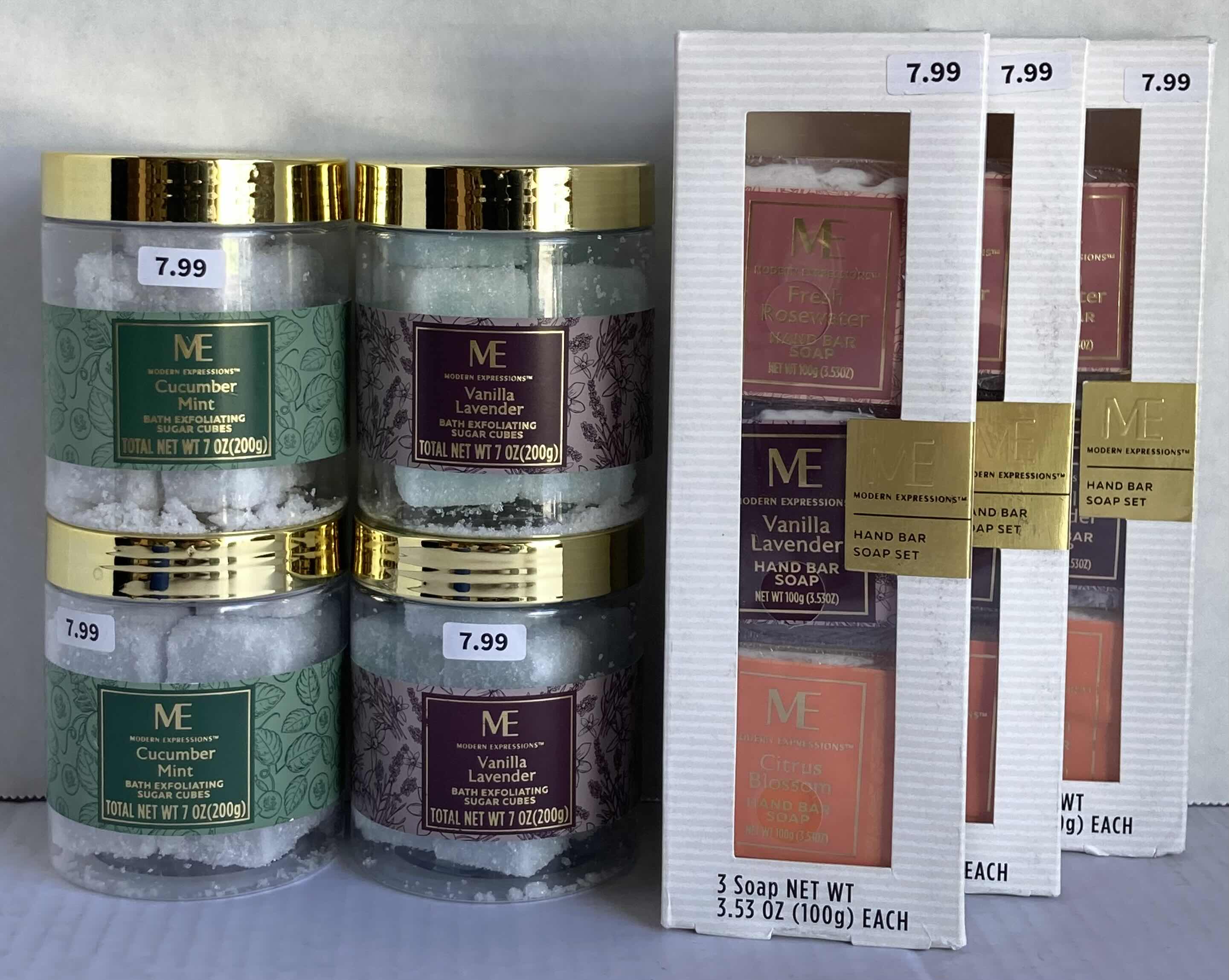 View 1 of NEW ME VANILLA LAVENDER (2) & CUCUMBER BATH MINT (2) EXFOLIATING SUGAR CUBES W ME HAND BAR SOAP 3 PACK (3)