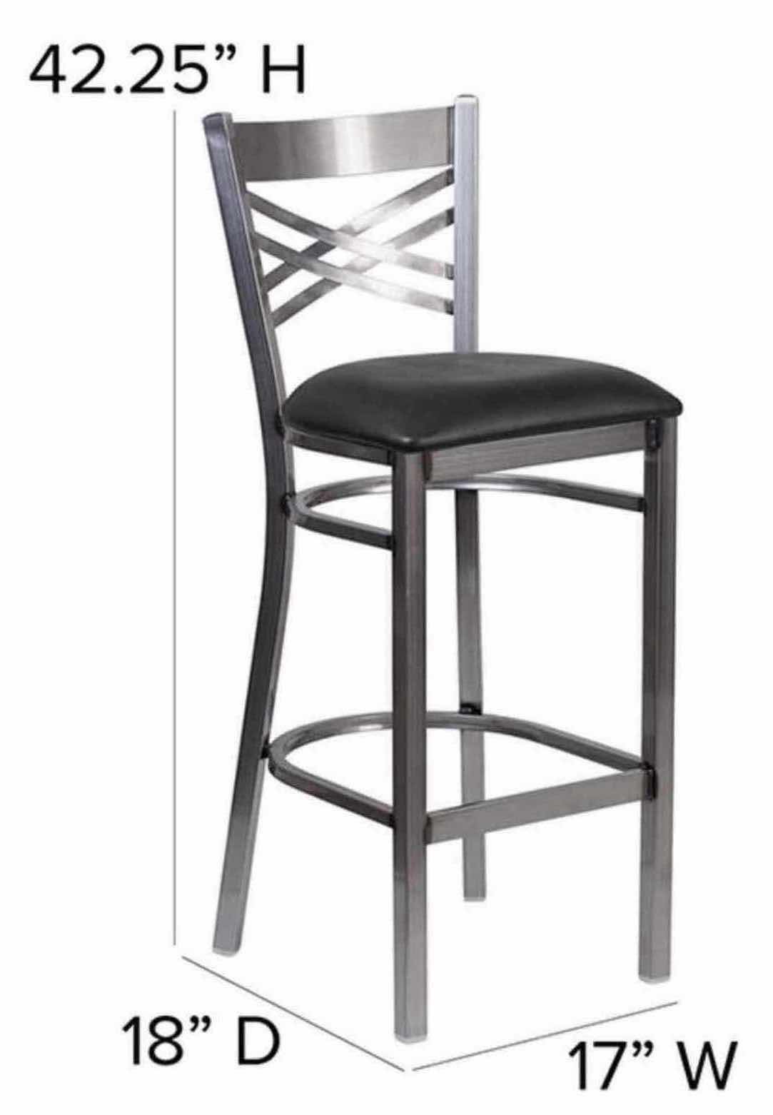 Photo 1 of FLASH FURNITURE HERCULES SERIES CLEAR COATED “X” BACK METAL RESTAURANT BARSTOOL W BLACK VINYL SEAT, 17” X 18” H42.25”(1)