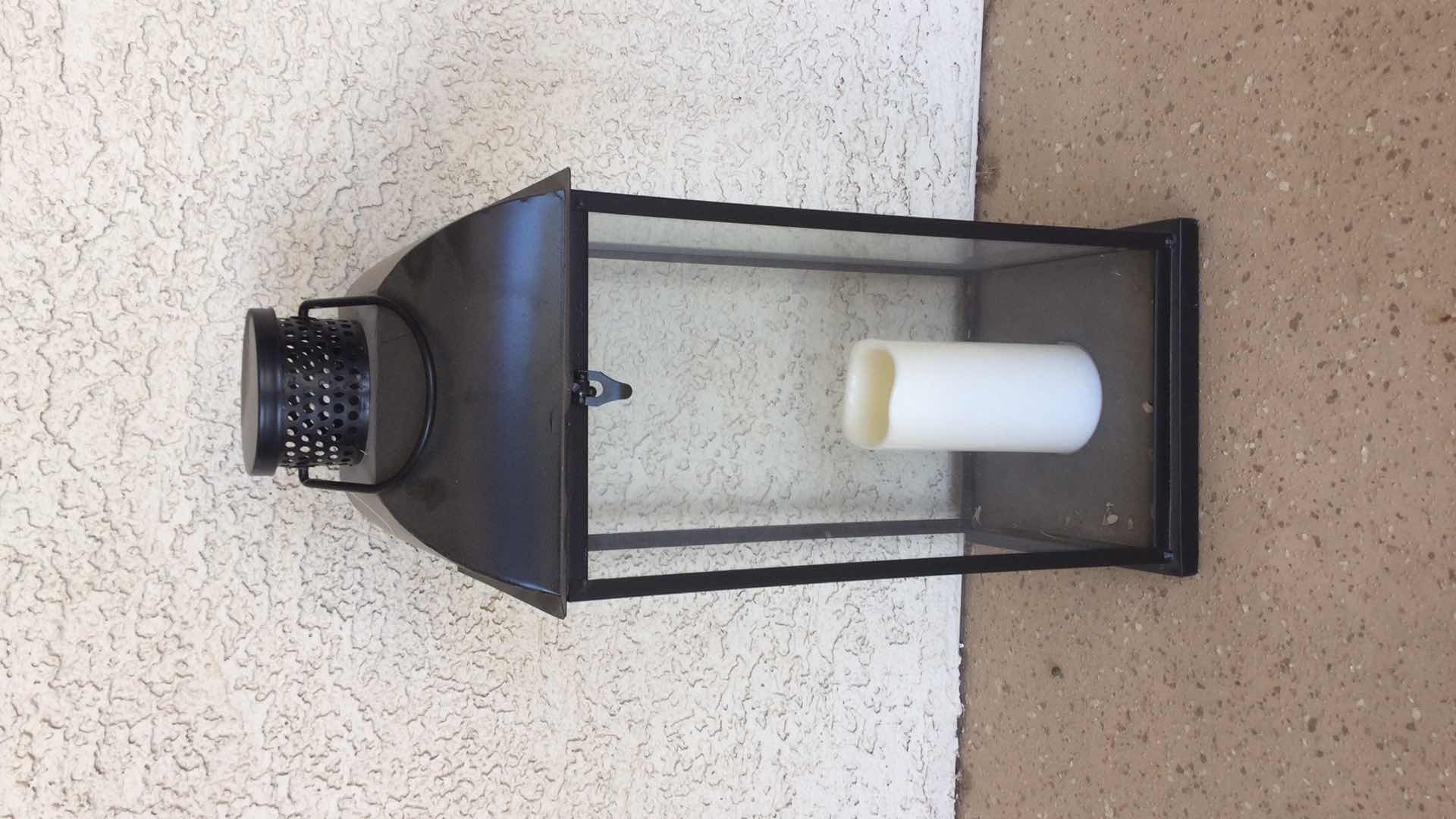 Photo 1 of WHITE SCULPTED METAL 3-TIER PLANT STAND/SHELF W. TILE SHELVES 11” X 9” H63” W/ METAL & GLASS BLACK LANTERN H 22”