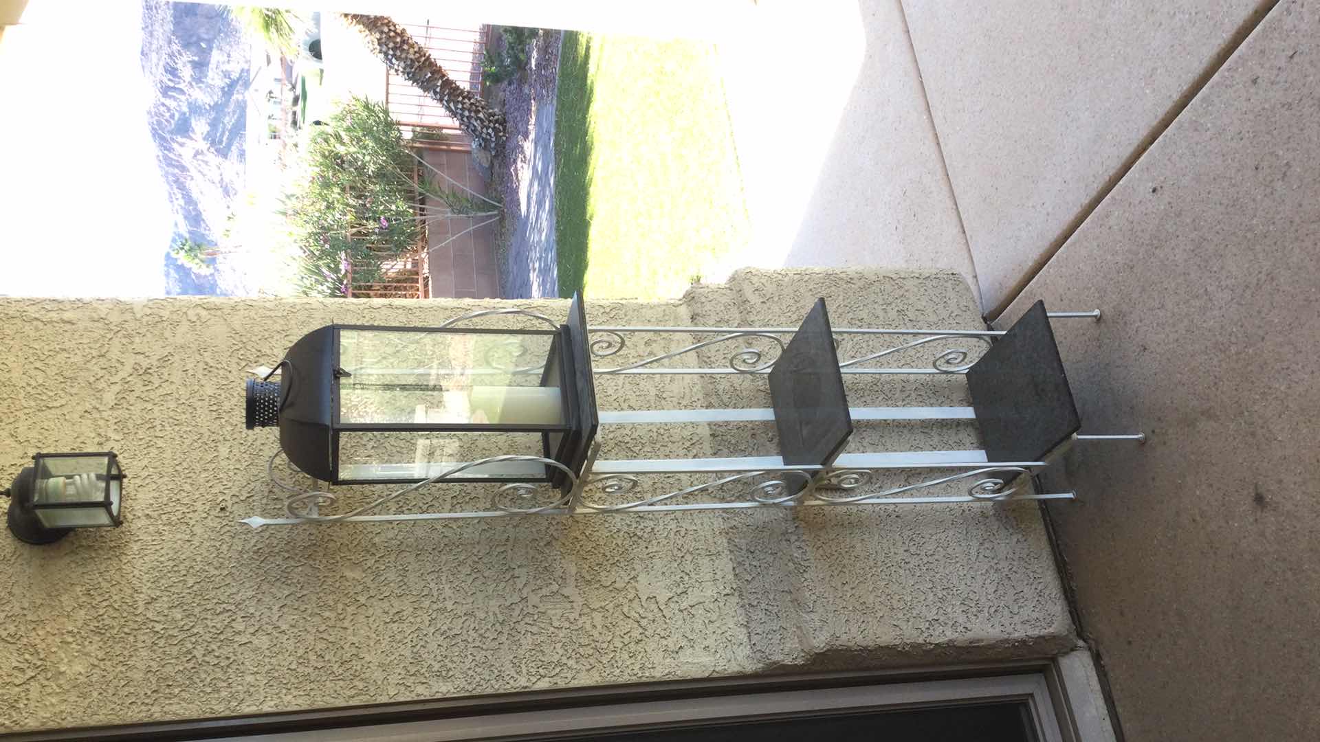 Photo 1 of WHITE SCULPTED METAL 3-TIER PLANT STAND/SHELF W. TILE SHELVES 11” X 9” H63” W/ METAL & GLASS BLACK LANTERN H 22”