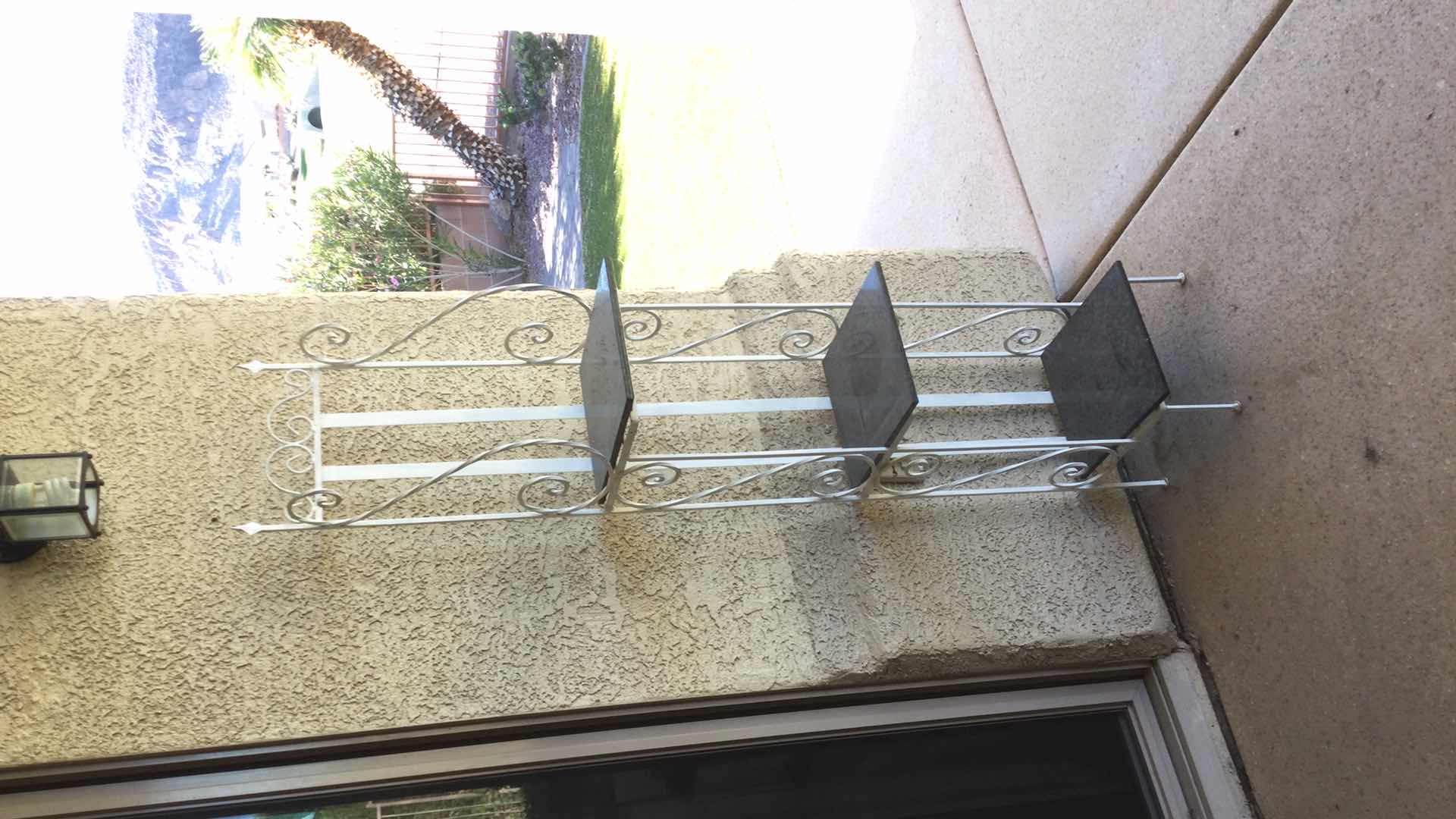 Photo 1 of WHITE SCULPTED METAL 3-TIER PLANT STAND/SHELF W. TILE SHELVES 11” X 9” H63” W/ METAL & GLASS BLACK LANTERN H 22”