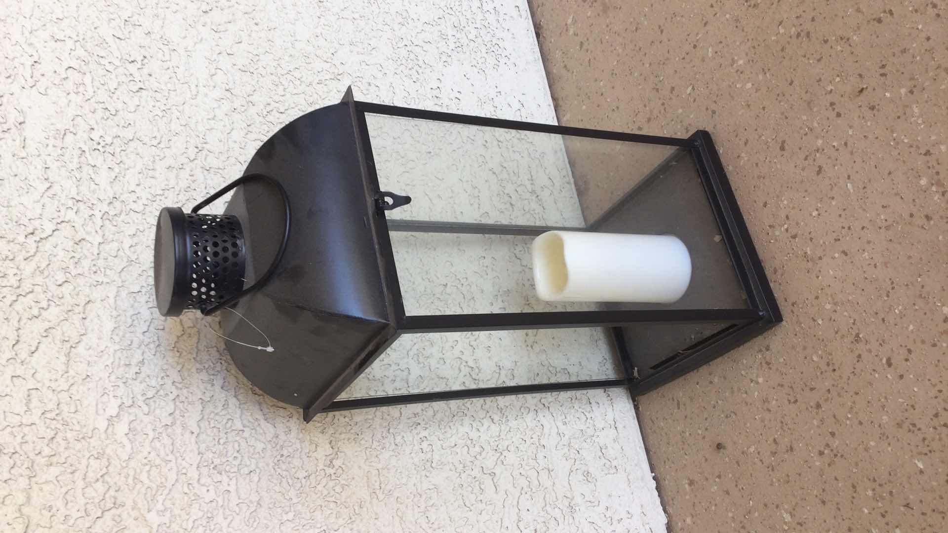 Photo 1 of WHITE SCULPTED METAL 3-TIER PLANT STAND/SHELF W. TILE SHELVES 11” X 9” H63” W/ METAL & GLASS BLACK LANTERN H 22”