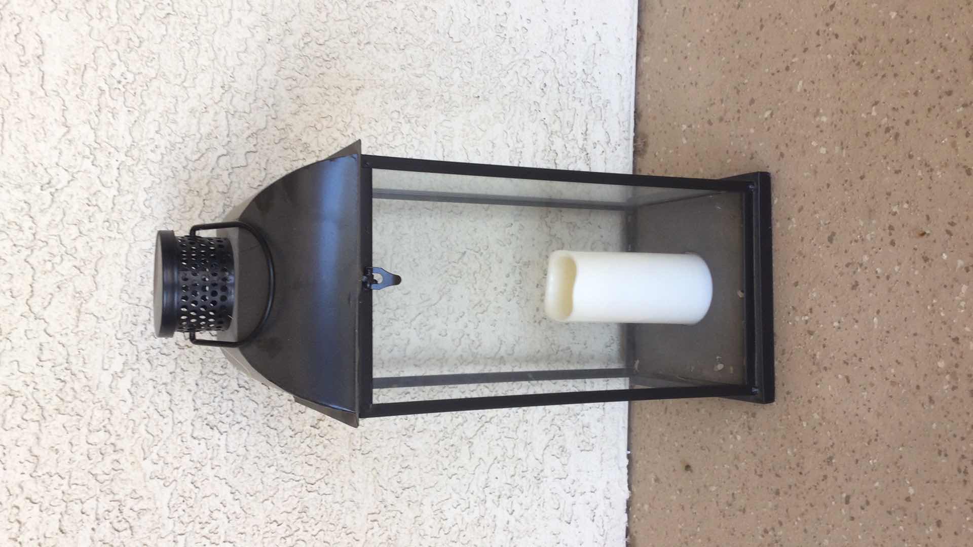 Photo 1 of WHITE SCULPTED METAL 3-TIER PLANT STAND/SHELF W. TILE SHELVES 11” X 9” H63” W/ METAL & GLASS BLACK LANTERN H 22”