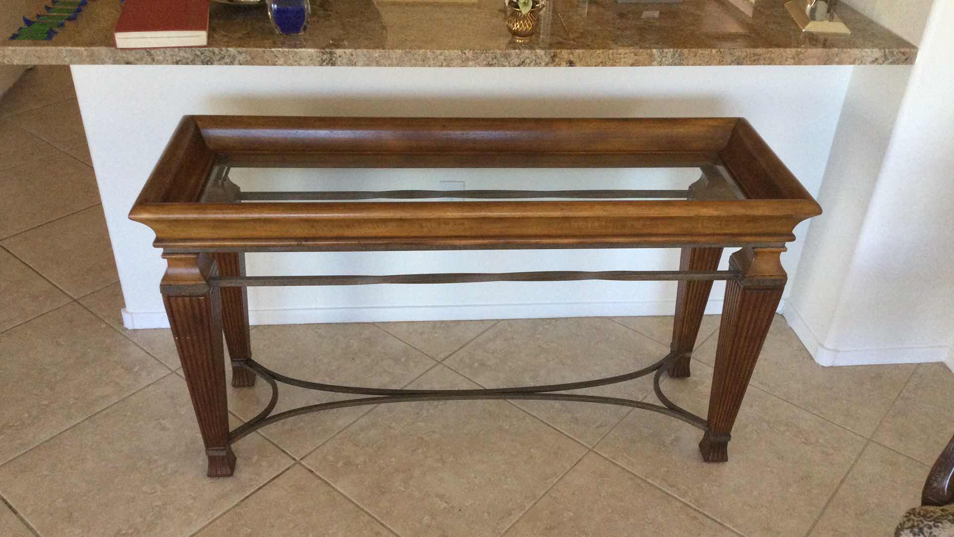 Photo 1 of SOFA TABLE WOOD W/ SCULPTED METAL &  BEVELED GLASS TOP 52” X 18” H29”