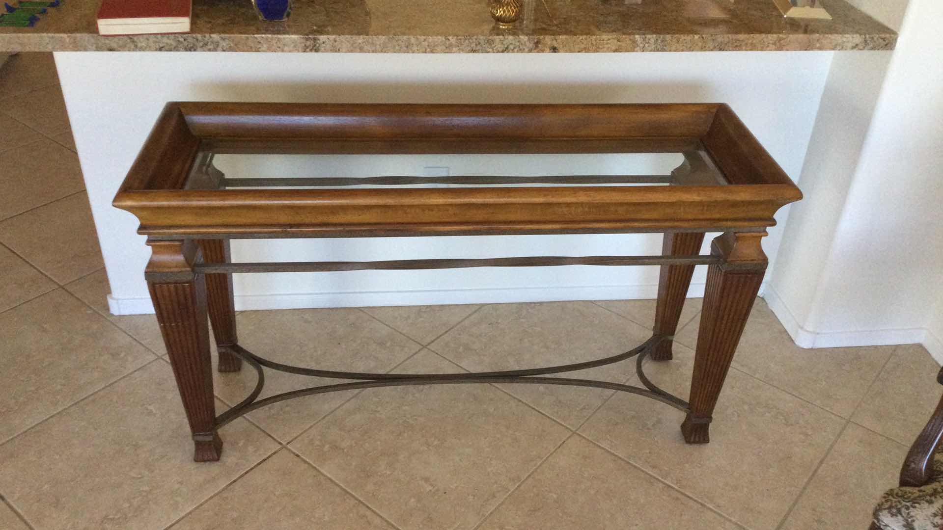 Photo 1 of SOFA TABLE WOOD W/ SCULPTED METAL &  BEVELED GLASS TOP 52” X 18” H29”