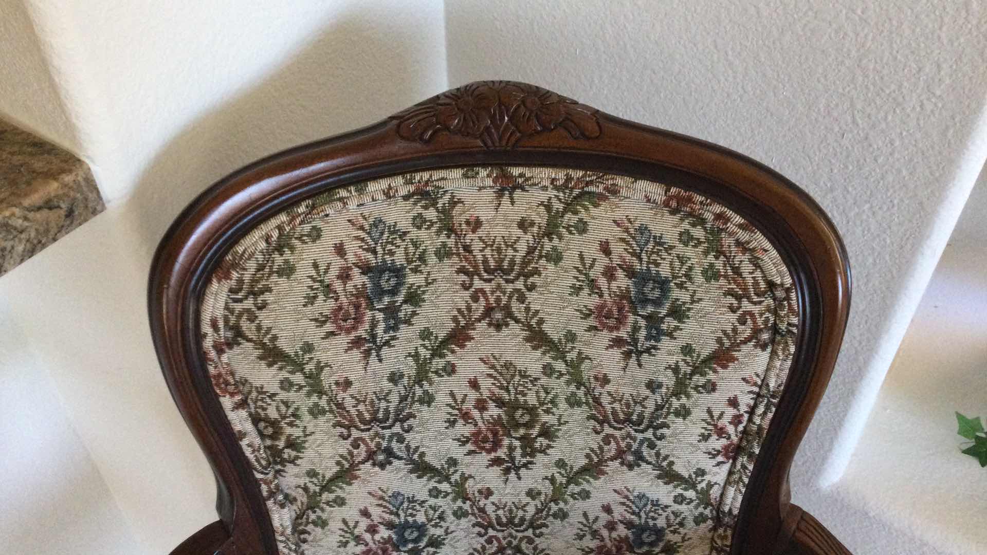 Photo 1 of CARVED WOOD ARM CHAIR W/FLORAL FABRIC SEAT, BACK & ARM PROTECTORS