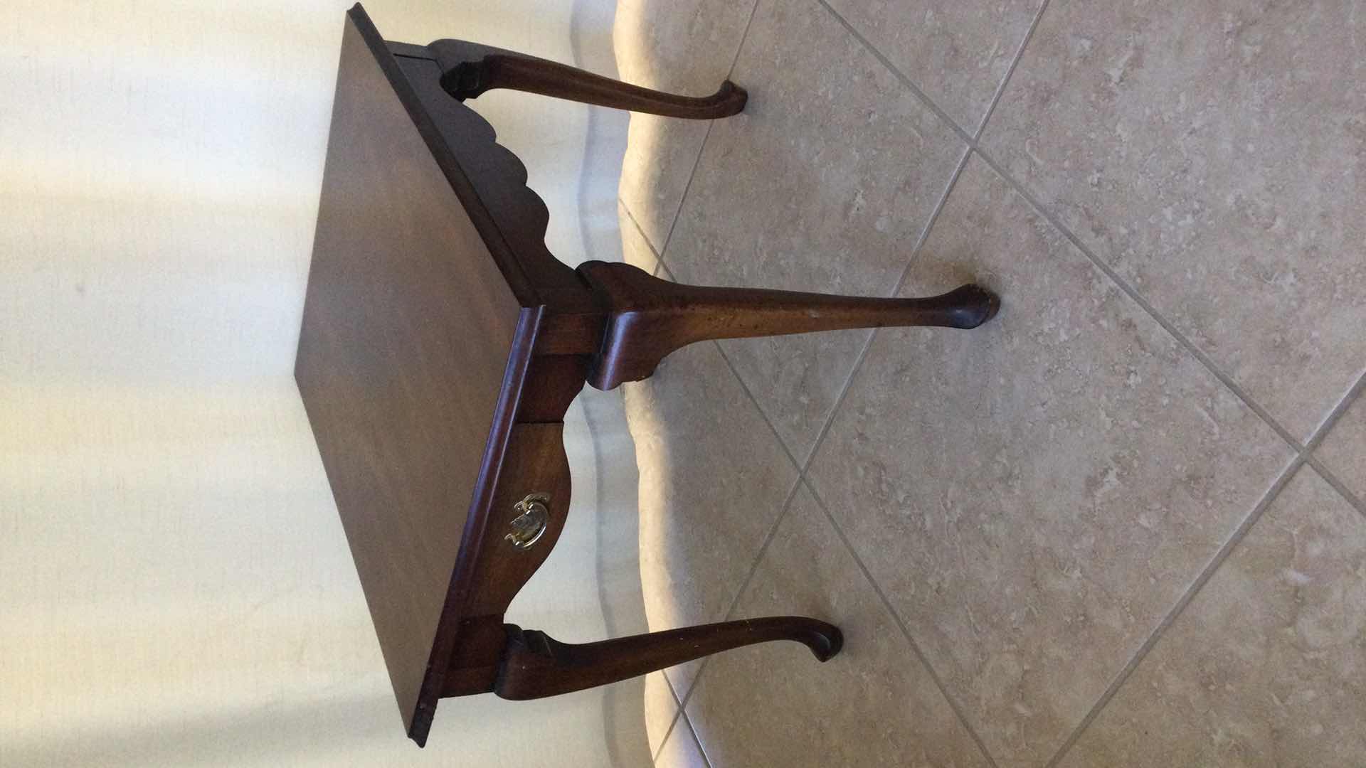 Photo 1 of VINTAGE DARK WOOD 1-DRAWER SIDE TABLE 22” X 27” H 22.5”